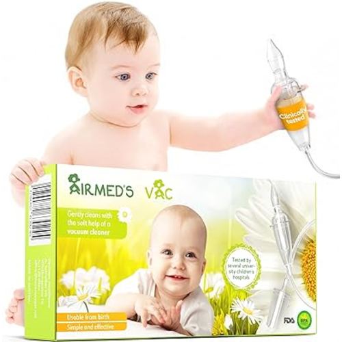 Airmed's Vac Nasal Aspirator Baby. CLINICALLY Tested, Safe and Gentle. Baby Nose Sucker with 2 Suction Heads and Cleaning Brush. Safe and Gentle Baby Nasal Aspirator with Strength of a Vacuum Cleaner