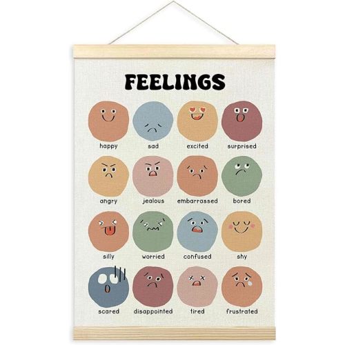 TLESKE Boho Classroom Feelings Emotions Chart Poster Hanger Frame for Toddlers Kids, Homeschool Hanging Wall Art Room Decor for Nursery Playroom, Preschool Prek Learning Educational Poster, 12x16in