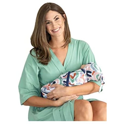 Baby Be Mine Maternity Mommy & Me Delivery Robe with Matching Baby Swaddle Blanket & Hat Set (Sagerobe/RainbowSB, L/XL pre Pregnancy 12-18)