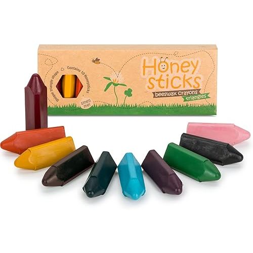 Honeysticks Triangular Crayons (10 Pack) - 100% Pure Beeswax, Food Grade Colors, Non Toxic Crayons for Baby, Toddlers ages 1-3,2-4, Triangle Shape for Pencil Grip Development. Handmade in New Zealand