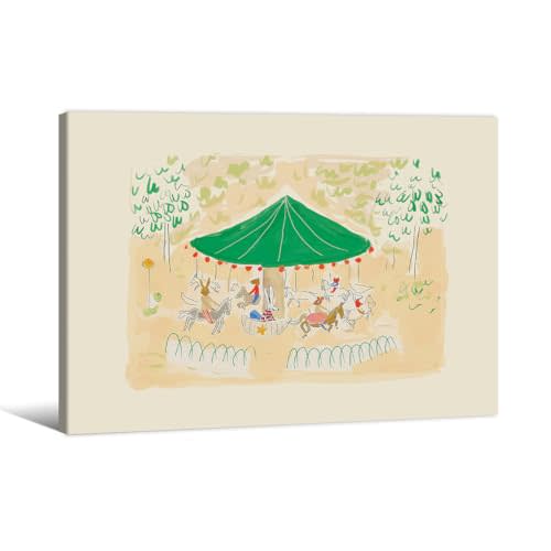Colorful Carousel Wall Art Trendy Cute Kids Canvas Poster 08x10 inch Framed French Theme Nursery Print for Modern Toddler Room Apartment Wall Decor