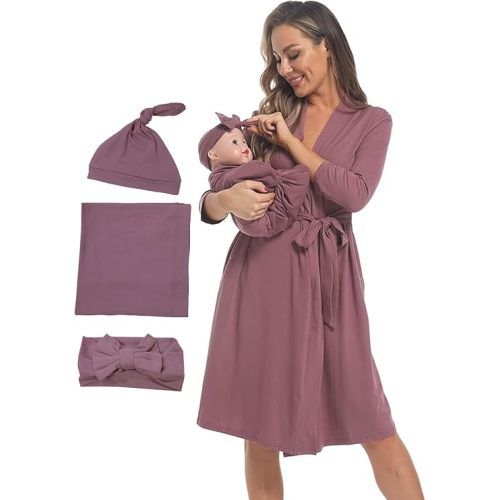 QTECLOR Maternity Robe with Matching Swaddle Blanket Set,Maternity Barhrobe Delivery Labor Robe for Hospital Women Dress