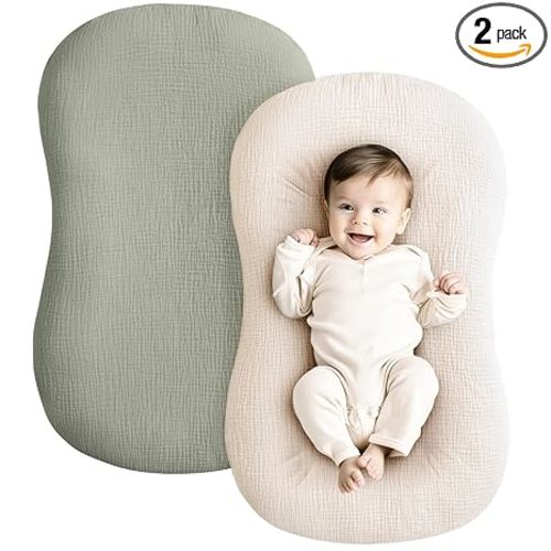 Konssy Muslin Baby Lounger Cover 2 Pack, 100% Cotton Newborn Lounger Cover, Soft and Breathable Baby Nest Slipcover for Boys Girls (Fog Green,Cream)