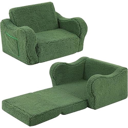 Kids Chairs for Toddler, 2-in-1 Toddler Soft Sherpa Couch Fold Out, Convertible Sofa to Lounger for Girls and Boys, Christmas Decor, Green