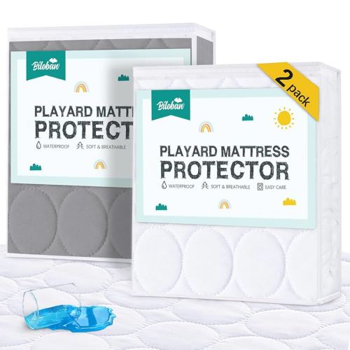 Pack and Play Mattress Cover Waterproof 2 Pack, Quilted Pack and Play Mattress Pad Fitted Fits for Graco Pack n Play Playard Mattress/Playpen Mattress, White&Gray, 39" x 27"