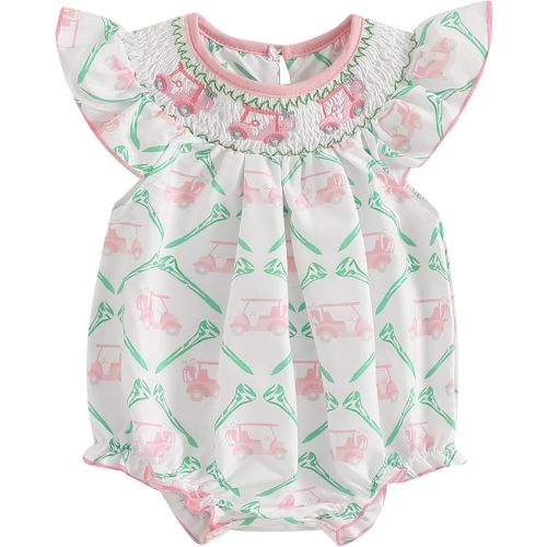 Newborn Baby Girl Golf Outfit Smocked Golf Cart Bubble Romper Ruffle Onesie Bodysuit Infant Summer Clothes