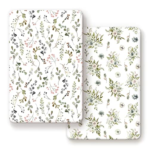 GRSSDER Stretchy Ultra Soft Jersey Knit Fitted Pack n Play Sheets Set 2 Pack, Portable Pack and Play/Mini Cribs Sheets for Girls,Stylish Watercolor Rose and Flora