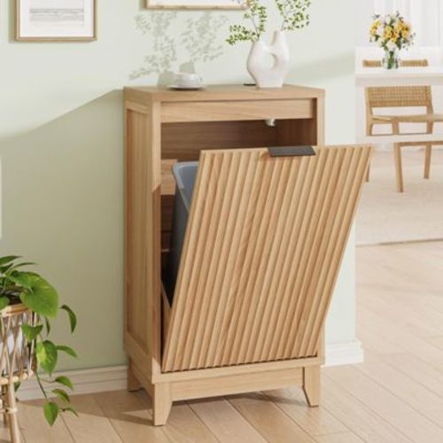 Tilt Out Trash Can Cabinet with Odor Control & Outlets, Fluted Trash Cabinet 13 Gallon, Natural