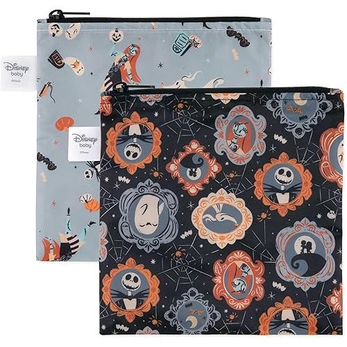Bumkins Disney Reusable Sandwich and Snack Bags, for Kids School Lunch and for Adults Portion, Washable Fabric, Waterproof Cloth Zip Bag, Travel Pouch, Food Storage, 2-pk Nightmare Before Christmas