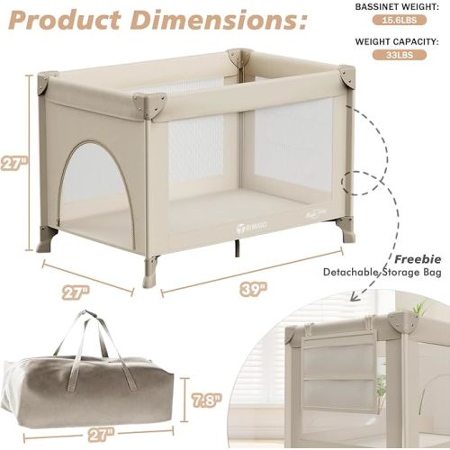 Portable Travel Crib & Playpen - Baby Safe Folding Travel Bed w/Mattress, Breathable Mesh | Compact Lightweight Baby Bed | Pack and Play for Babies & Toddlers (Khaki)