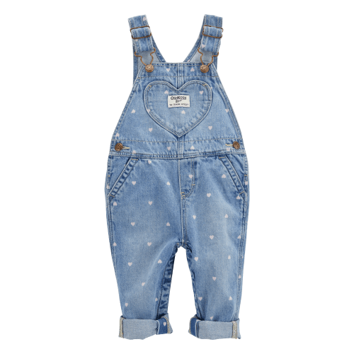 Baby Heart-Print Knit Denim Overalls - Blue