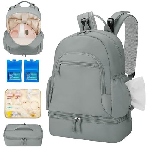 GDNasist Breast Pump Backpack Fit for Spectra S1 and S2 with Removable Cooler Compartment, Pumping Bag for Pump Accessories, Breast Pump Bag for Work, Travel and Family Use Grey