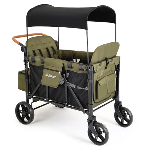 Cochildor Elite 4-Seater Wagon Stroller for 2-4 Kids, One-Hand Fold, High Seats with 5 Point Harness, Adjustable Handle & Canopy, Green