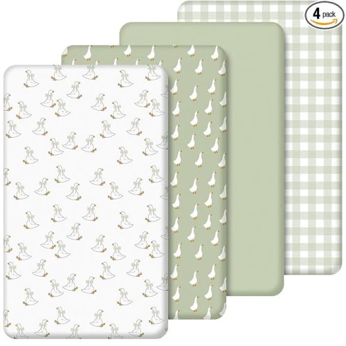 SmoothNovelty 4 Pack Silly Goose Crib Fitted Sheet for Boys Girls - 52" x 28" Fitted Baby Sheet with Goose and Gingham Style for Standard Mattress Gift Set, Microfiber & Soft Breathable(Green)