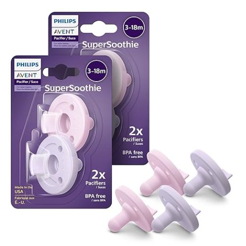 Philips Avent Soothie Orthodontic Baby Pacifiers, 100% Silicone Pacifiers, One Piece, BPA-Free, for Babies 3-18 Months, 2 Lilac and 2 Pink, 4 Pack, Model SCF192/70