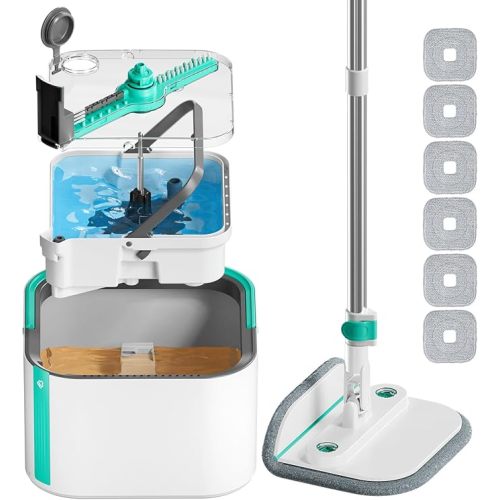 Upgraded Spin Mop and Bucket System Set, Self Separate Clean and Dirty Water, Foldable Square Standing Mop Head with Microfiber Mop Pads, Detachable Bucket (White+Blue, Mop Set with 6PC Pads)