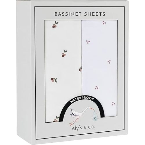 Ely's & Co. Patent Pending Waterproof Bassinet Sheets, 100% Cotton with Waterproof Lining, Built in Bassinet Mattress Protector – 2 Pack Fitted Sheet Set, Berry and Cluster Dot (Lavender) 32” x 16”