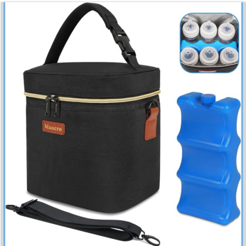 Mancro Breastmilk Cooler Bag with Ice Pack, Fits 6 Baby Bottles Up to 9 Ounce Insulated Baby Bottle Bag, Breast Milk Cooler on The go with Strap, Bottle Storage Bag for Nursing Mom Daycare, Black