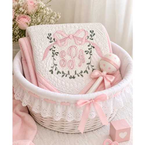 Personalized Baby Quilt: Embroidered Monogram, Vine Frame, Pink Bow, Sprinkle Gift Newborn