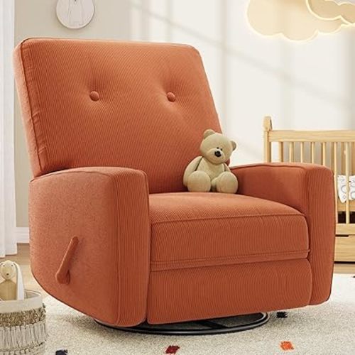 Nursery Recliner Chair, 360° Swivel Rocking Glider Chair for Adults with Adjustable Backrest & Footrest, Upholstered Armchair for Living Rooms, Bedrooms, Apartments, Orange