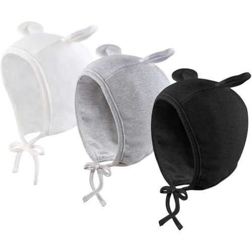 JANGANNSA Newborn Baby Hospital Hat Infant Set Head Cap Lovely Ears Belt Beanie 0-6 Months, Bear (White+Gray+Black)