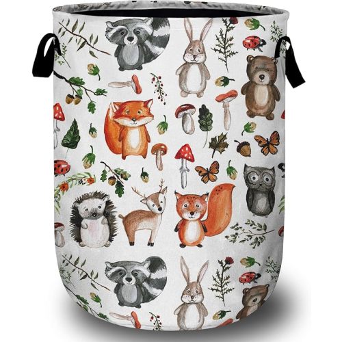 Cute Woodland Animal Laundry Basket, Laundry Hamper Collapsible Oxford Cloth with Handle Clothes Toy Storage Bin for Bathroom Laundry Room Bedroom 15.7 X 20 Inch