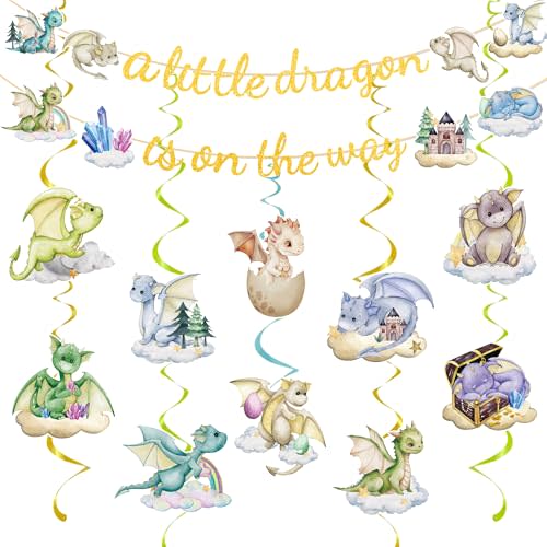 Dragon Baby Shower Decorations Include A Little Dragon is On The Way Banner and Hanging Swirls Dragon Theme Party Supplies