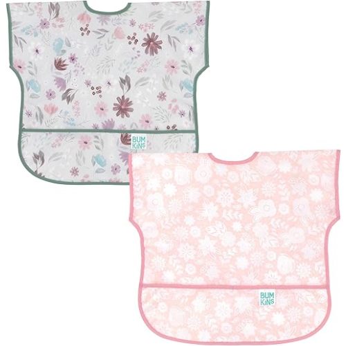 Bumkins - Junior Bib - For Boys & Girls, Toddlers & Kids 1-3 Years - Lightweight, Durable, Waterproof - Short Sleeve Bib - Catch-All Pocket - Wipeable & Machine Washable - Floral & Lace - 2 Pack