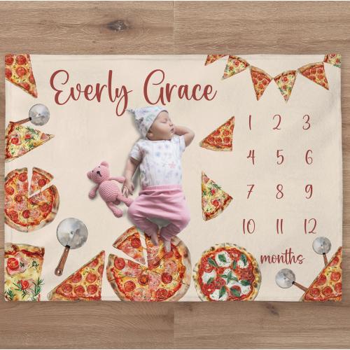 Pizza Milestone Blanket, Personalized Food Baby Girl Month Blanket, Nursery Custom Newborn Growth Tracker, New Mom Baby Shower Gift