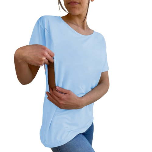 Nursing Breastfeeding Shirts for Maternity Women Summer Comfort Tops Friendly Zip T Shirts Women's Solid Color Round Tie Zipper Loose Casual Short Sleeved Top Blue M