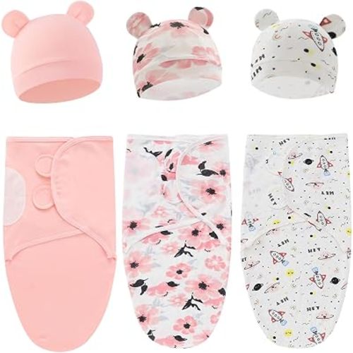Baby Swaddle Sleep Sack with Hat Set for Girls (Pink Flower Set)