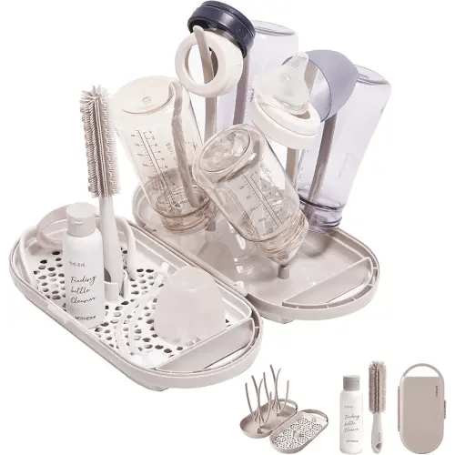 MOTHER-K Travel Baby Bottle Drying Rack Set, Including Bottle Brush and Travel Bottle, for Working Mom or Camping with Baby (Cream Mocha)