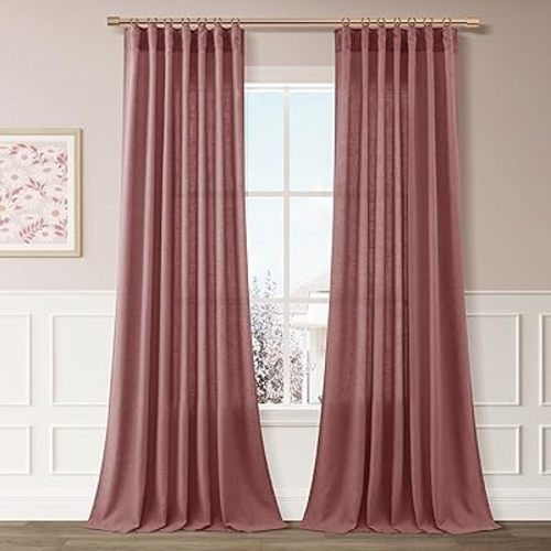 Joywell Canyon Rose Linen Curtains 84 Inches Length Light Filtering Neutral Farmhouse Boho Rod Pocket Back Tab Hook Belt Clip Rings Semi Sheer Window Drapes for Bedroom Living Room 2 Panels 52x84