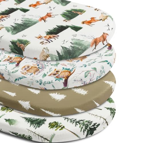 4 Pack Bassinet Sheets Woodland Forest Animals Wood Neutral Unisex Fitted Baby Bassinet Sheets Set for Standard Bassinets for Baby Boys or Girls