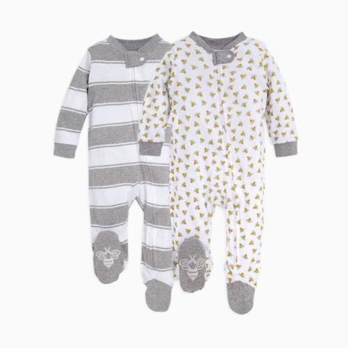 Burt's Bees Baby Organic Sleep & Play Footie Pajamas (2 Pack Bundle) - Honey Bee/Heather Grey Rugby Peace Stripe, 0-3 M