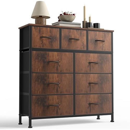 Sweetcrispy 9-Drawer Fabric Dresser Storage Tower with Wood Top and Steel Frame, Organizer Chest with Easy Pull Handles for Bedroom, Closet, Hallway,Distressed Brown