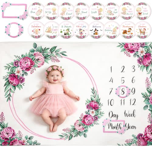 Monthly Milestone Blanket for Baby Girl Growth Chart Gift | Soft Age Month Blanket with 16 Holiday Stickers Newborn Photo Prop Nursery Decor Bliss Baby Gift Floral Peony Theme 60"x40"