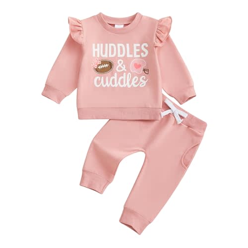 POZMTIORE Toddler Baby Girl Fall Outfit Cute Pink Ruffle Sleeve Baby Pants Set with Football Huddles & Cuddles Print