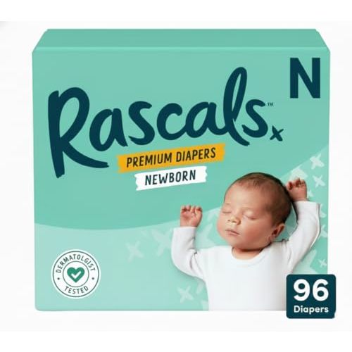 Rascals Premium Baby Diapers Size N, 96 Count, White
