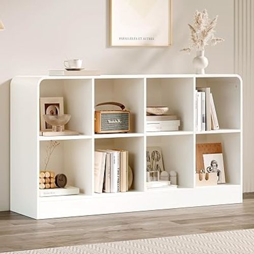 White 8 Cube Storage Organizer with Rounded Edges and Reinforced Base, Low Horizontal Cube Bookshelf, Wooden Cube Shelf Bookcase for Living Room, Kids Room, Bedroom, TV Stand