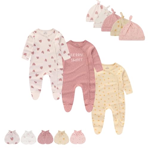 MAMIMAKA Baby Boy Girls Clothes 2-Way Zip Footed Long Sleeve 100% Cotton,Newborn Caps and Scratch Mittens Set 0-6 Months