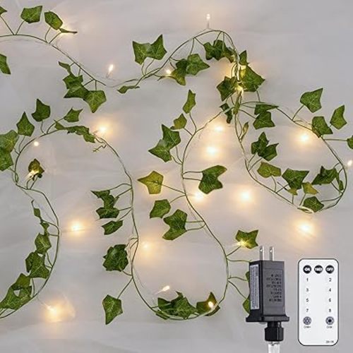 JMEXSUSS 100 LED Vines with Lights Plug in, Ivy Vines with Fairy Lights with Remote, 33 FT Leaf String Lights Waterproof for Room Bedroom Wall Fireplace Decoration(Warm White)