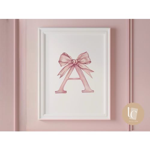 Baby Initial pink A Watercolor Nursery Vintage Bow Print, Bow Ribbon Wall Art, Nursery Prints Girl Baby decor Digital download alphabet A