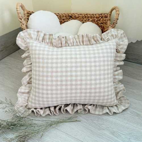 Ruffled Linen Pillow – Beige Checked Plaid, Handmade Cushion for Sofa, Bed, Nursery & Baby Shower Gift