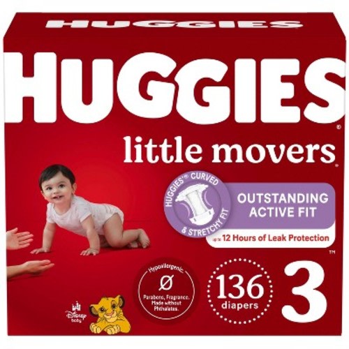 Huggies Little Movers Diapers - Size 3 - 136ct: Hypoallergenic, Paraben-Free, Sulfate-Free, SnugFit Waistband