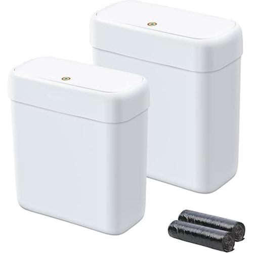 funest 2 Pack Bathroom Trash Can with Lid, 3 Gal/12 L & 2.7 Gal/10L Garbage Can with Pop-Up Lid, Small Spaces Plastic Trash Can, Slim Trash Bin Waste Basket for Bathroom,Rv, Office, White