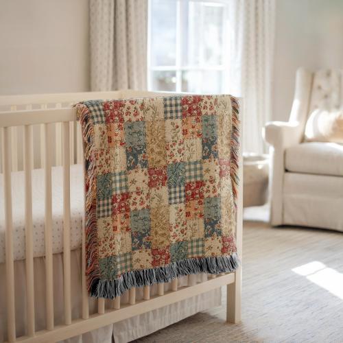 Farmhouse Patchwork Woven Blanket Baby Shower Gift, Shabby Chic Baby Throw, Grandmillenial Nursery Decor, Floral Blanket Baby Girl Gift