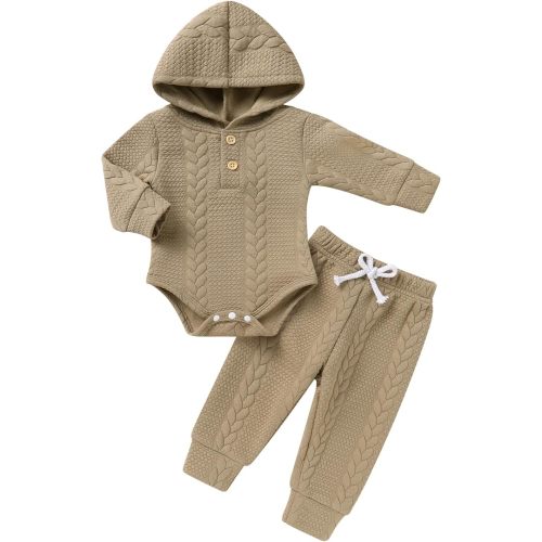 YOUNGER TREE Newborn Baby Boy Girl Clothes Hooded Long Sleeve Romper Pants Set Solid Ribbed Infant Fall Winter Outfits