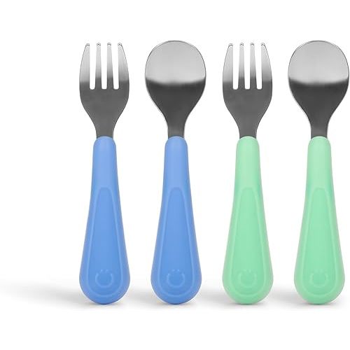 Ubbi Toddler Stainless Steel Fork & Spoon Set, 4-Pack – Silicone Easy-Grip Handles, Kids Self-Feeding Utensils, Baby-Led Weaning Essentials, Dishwasher Safe, Polaris Blue & Sugar Snap Green