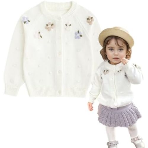 Simplee kids Baby Girl Knit Cardigan Sweater Cream Cotton Autumn Coat